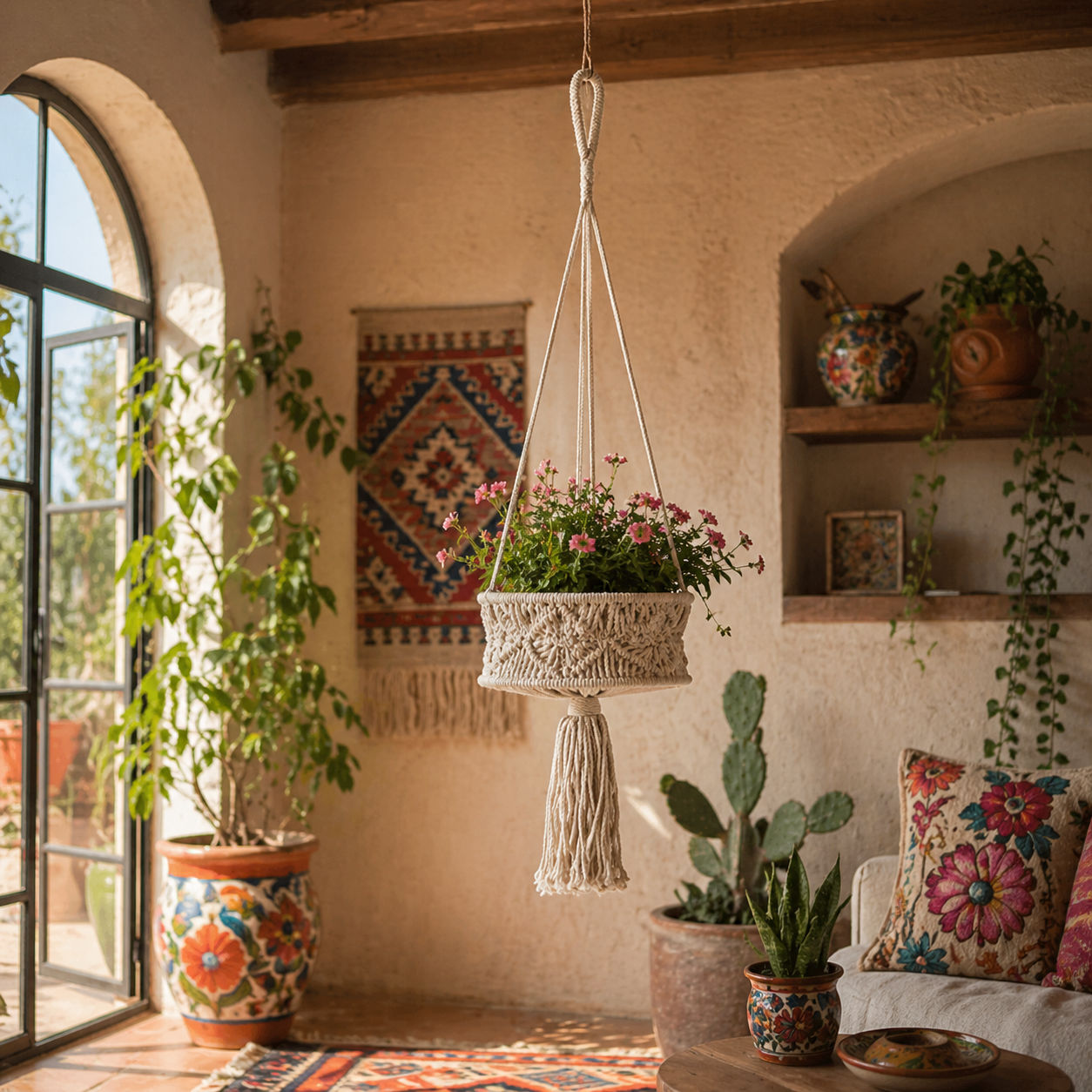 Artisanal Macrame Hanging Basket Rustic Home Decor Accent